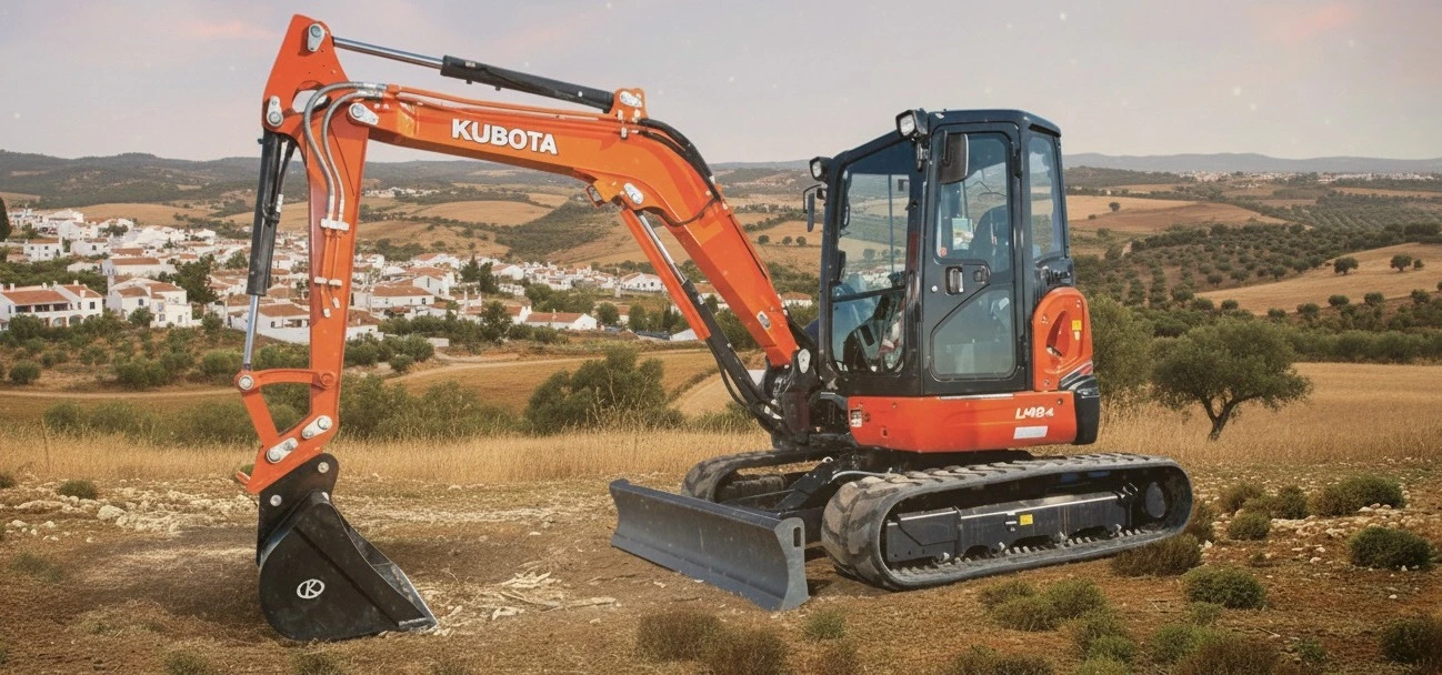 Mid-size Kubota U48-4 excavator shaping a development platform with tidy spoil stockpiles