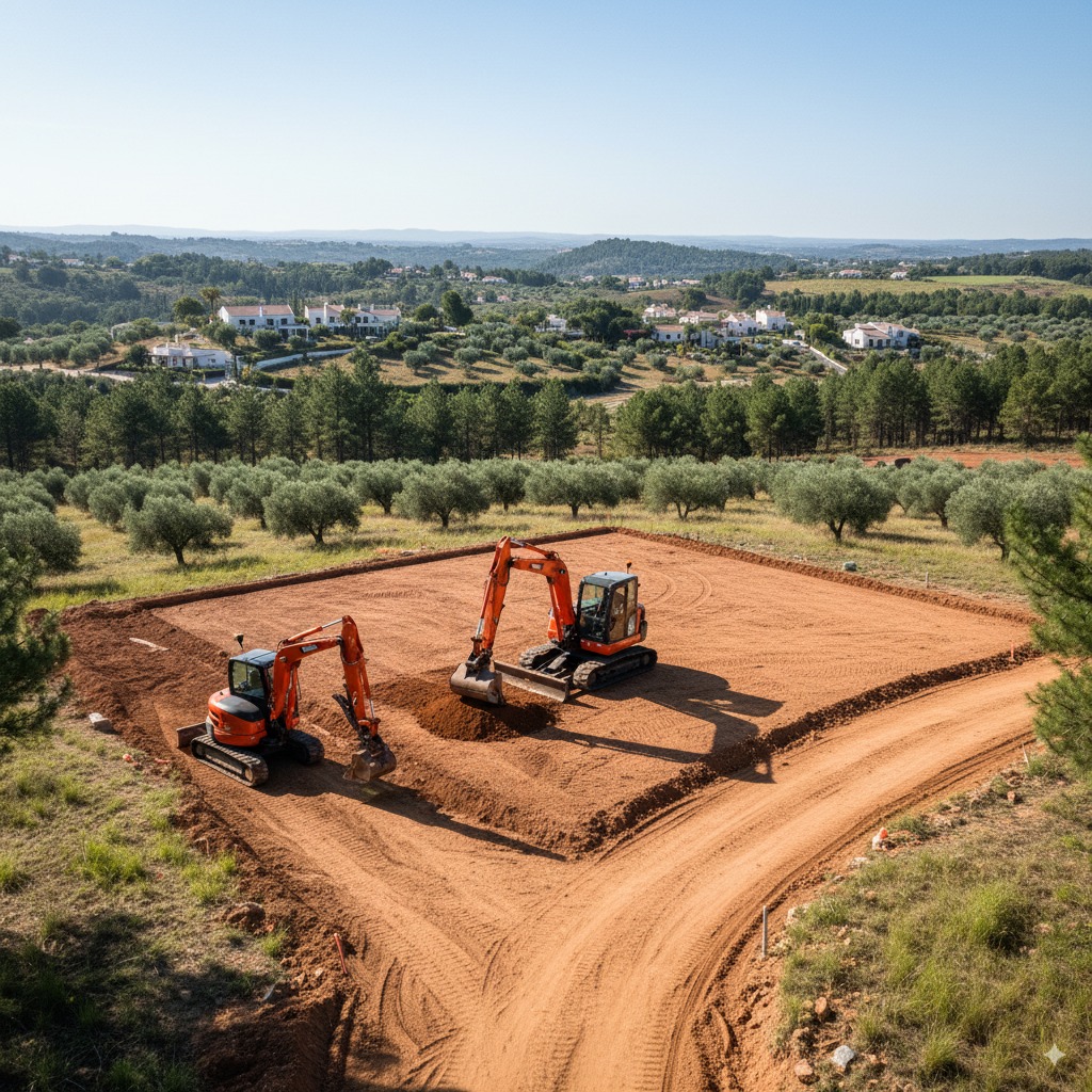 Mid-size excavator shaping a small development platform with dumpers cycling