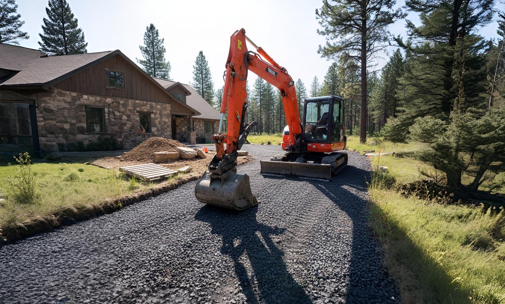 Driveway sub-base being compacted and graded, ready for resurfacing