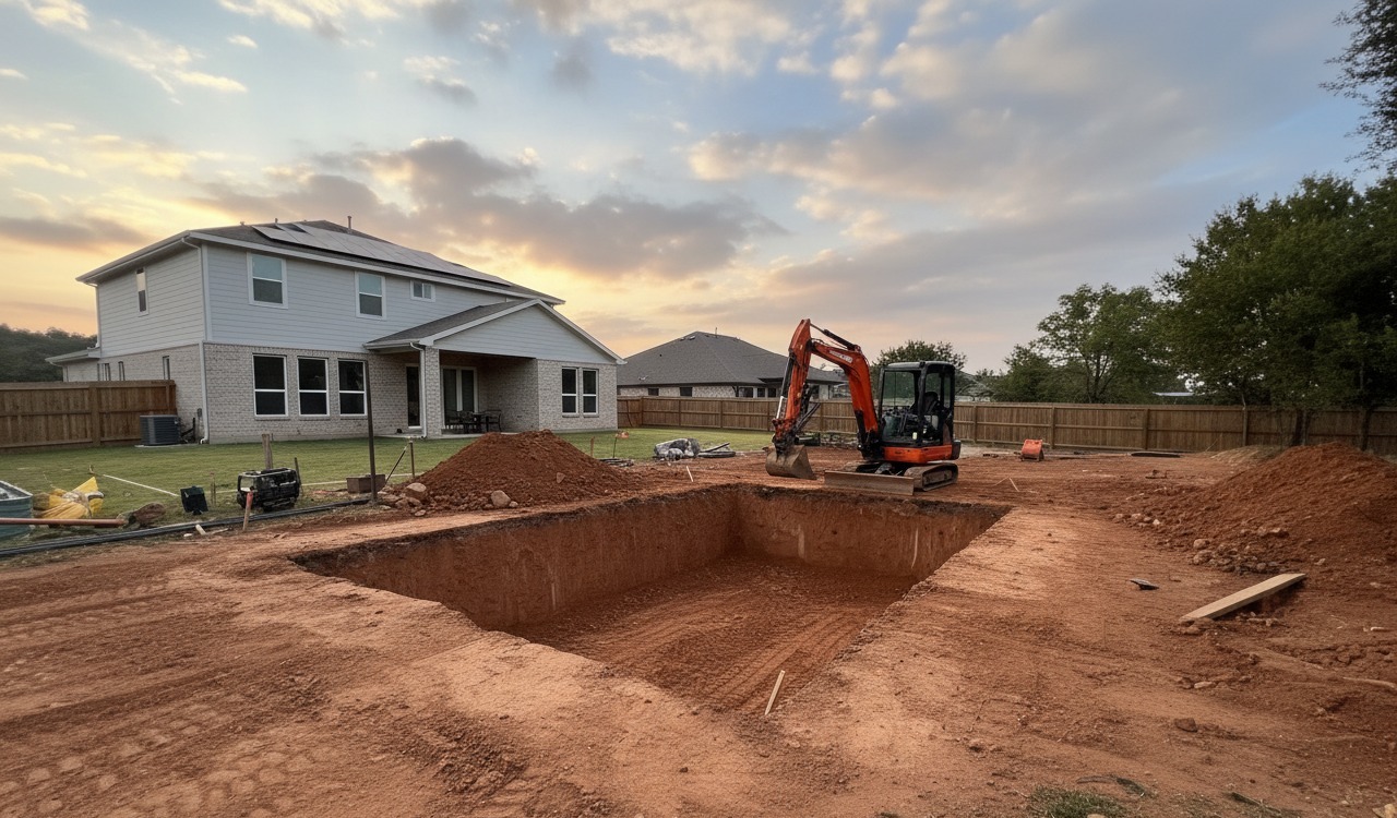 Excavator digging pool footprint with spoil neatly stockpiled and site fenced