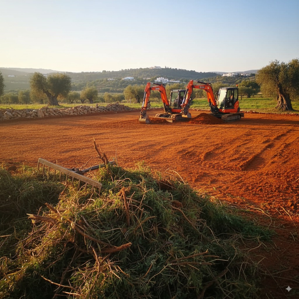 Before/after of a plot cleared of scrub with tidy spoil heaps and safe access