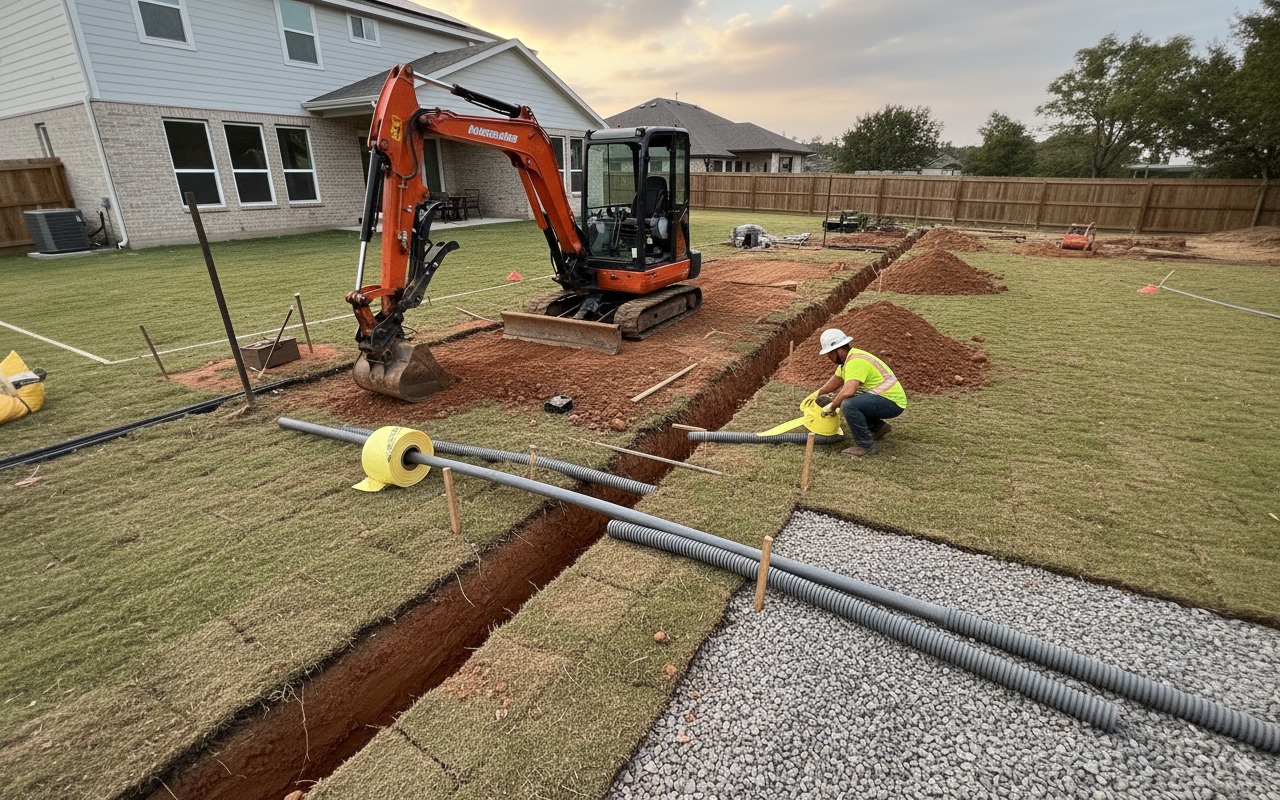 Straight, clean trench with shoring as required, showing conduit placement